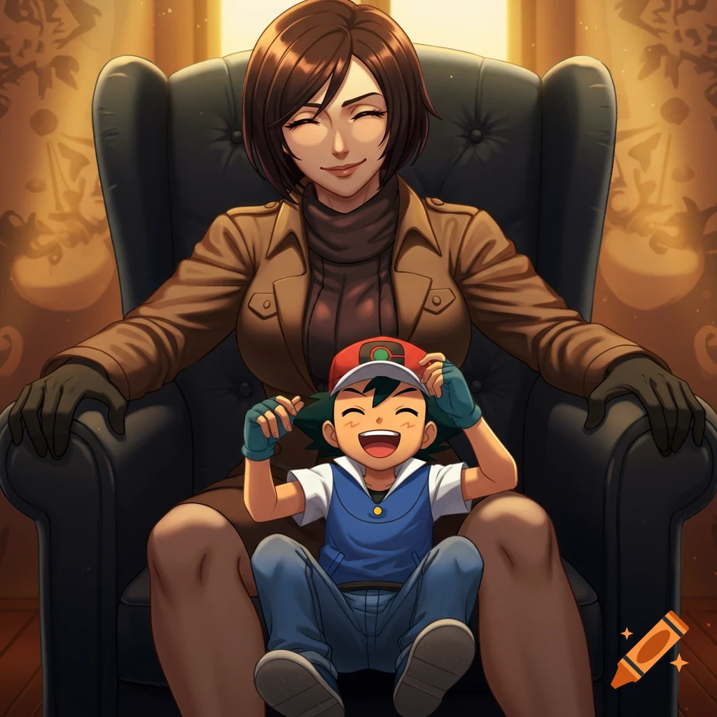 An anime woman with brown hair, dressed in a brown jacket, sits smiling in a black armchair, with a happy Ash Ketchum in a cap sitting between her legs.