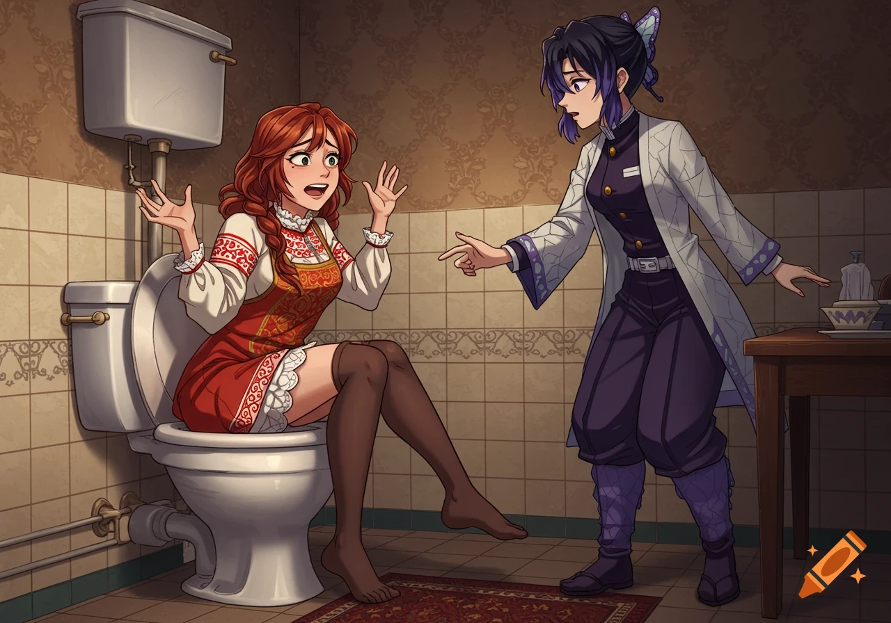 Two anime women in a bathroom; one with red hair sits nervously on a toilet, while a woman with dark hair points at her.