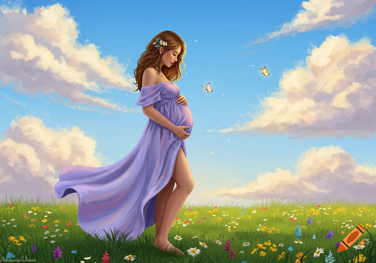 Illustrated pregnant woman in a flowing purple dress stands in a field of wildflowers under a blue sky, holding her belly.