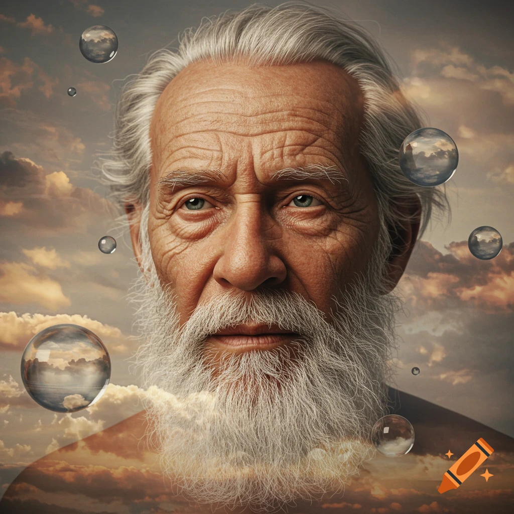 A naturalistic portrait of an old man with a white beard, set against a cloudy sky with floating reflective bubbles.