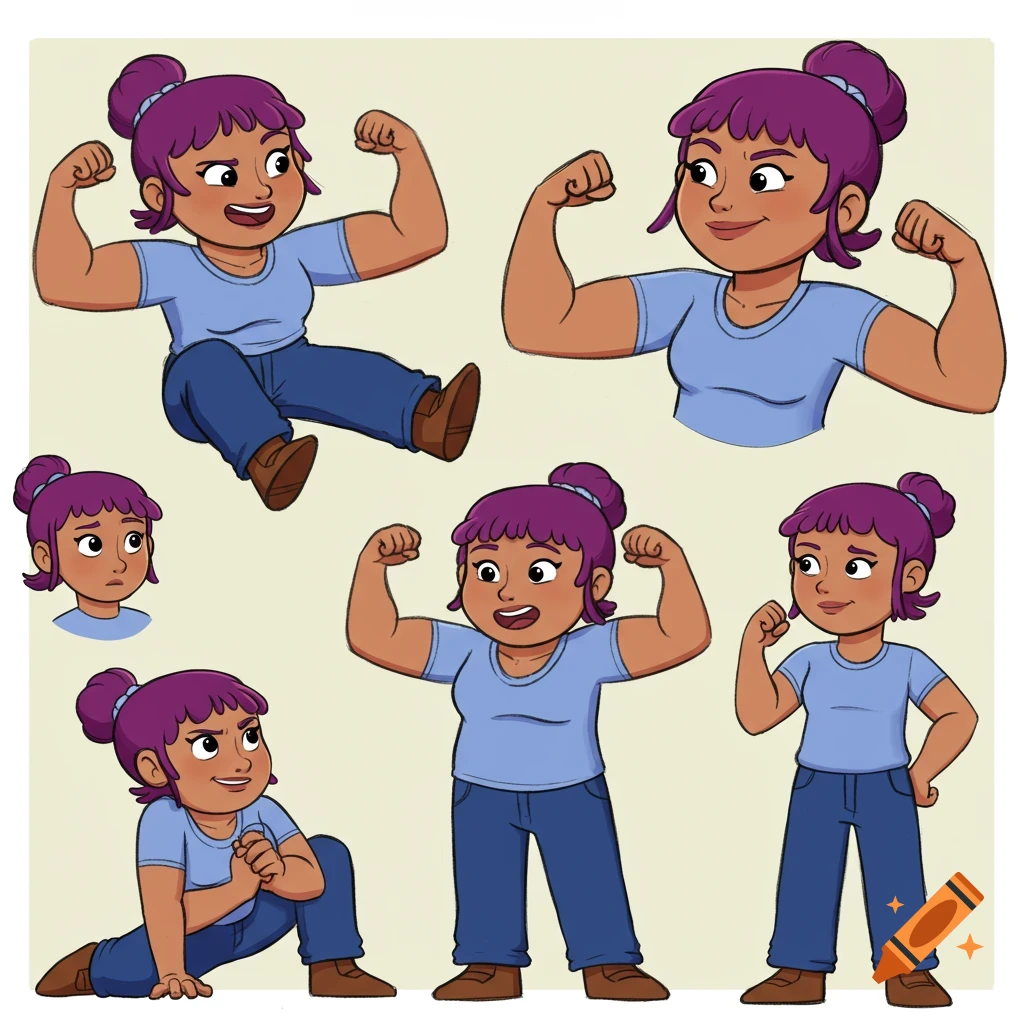 A cartoon model sheet of Rosie's mom from PBS Kids' Rosie's Rules, flexing her muscles in various poses.