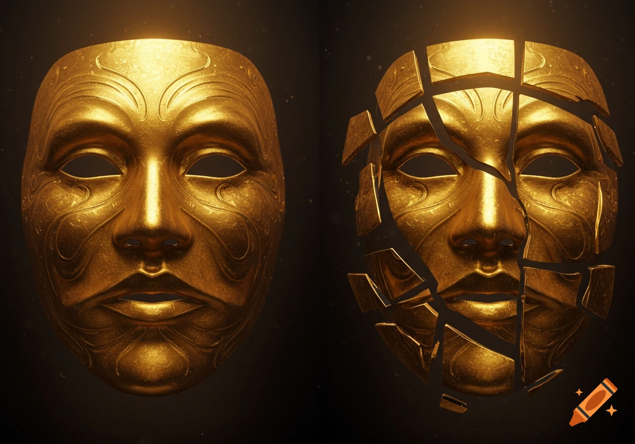 Two ornate golden theatre masks, one whole and one shattered into fragments, on a dark background.