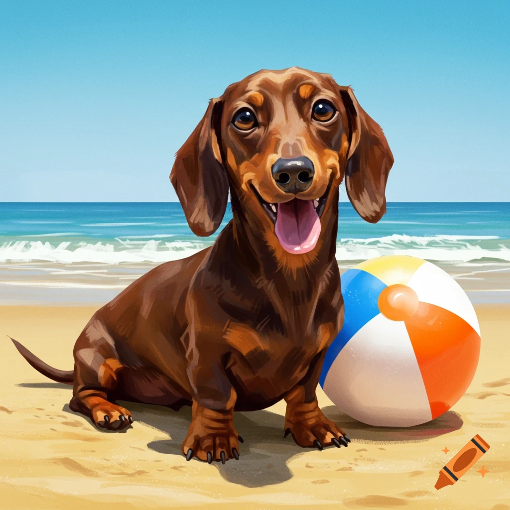 A happy brown dachshund dog sits on a sandy beach with a colorful beach ball, ocean waves in the background.