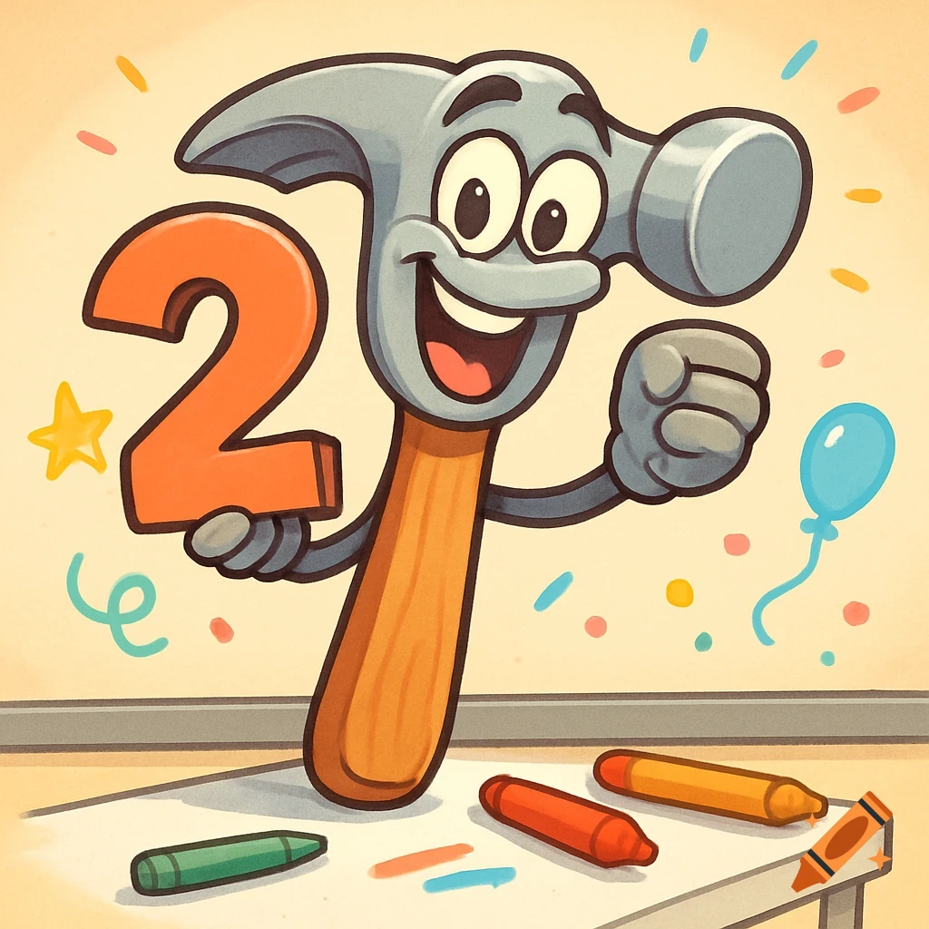 A cheerful cartoon hammer holds the number 2, with confetti and crayons on a white table.