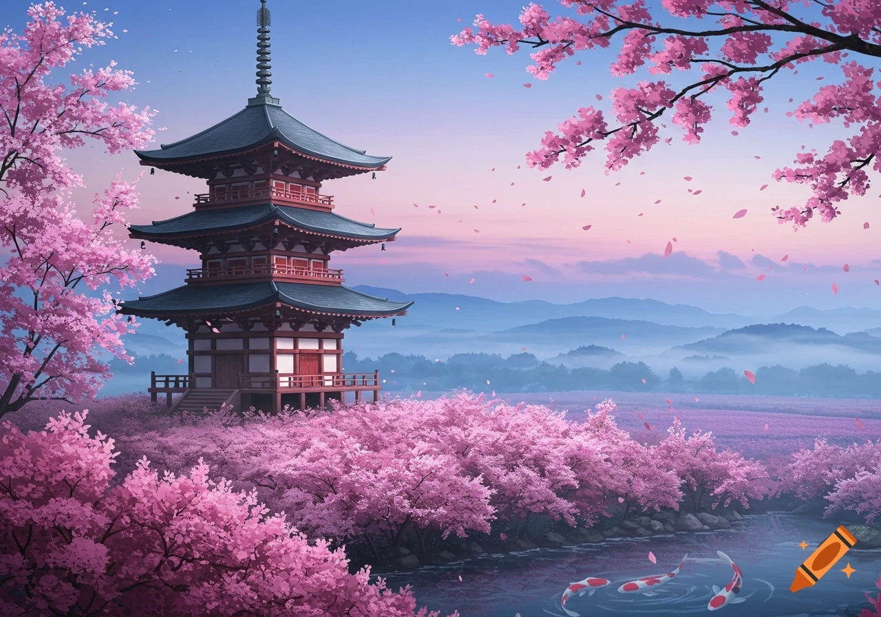 A traditional Japanese pagoda surrounded by vibrant pink cherry blossom trees, with petals falling onto a serene pond where koi fish swim. Mountains are visible in the misty background under a blue and pink sky.