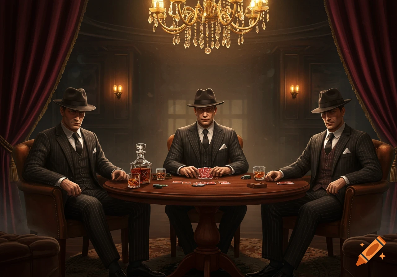 Three men in vintage pinstripe suits and fedoras play cards and drink whiskey at a polished table in a dimly lit, luxurious room.