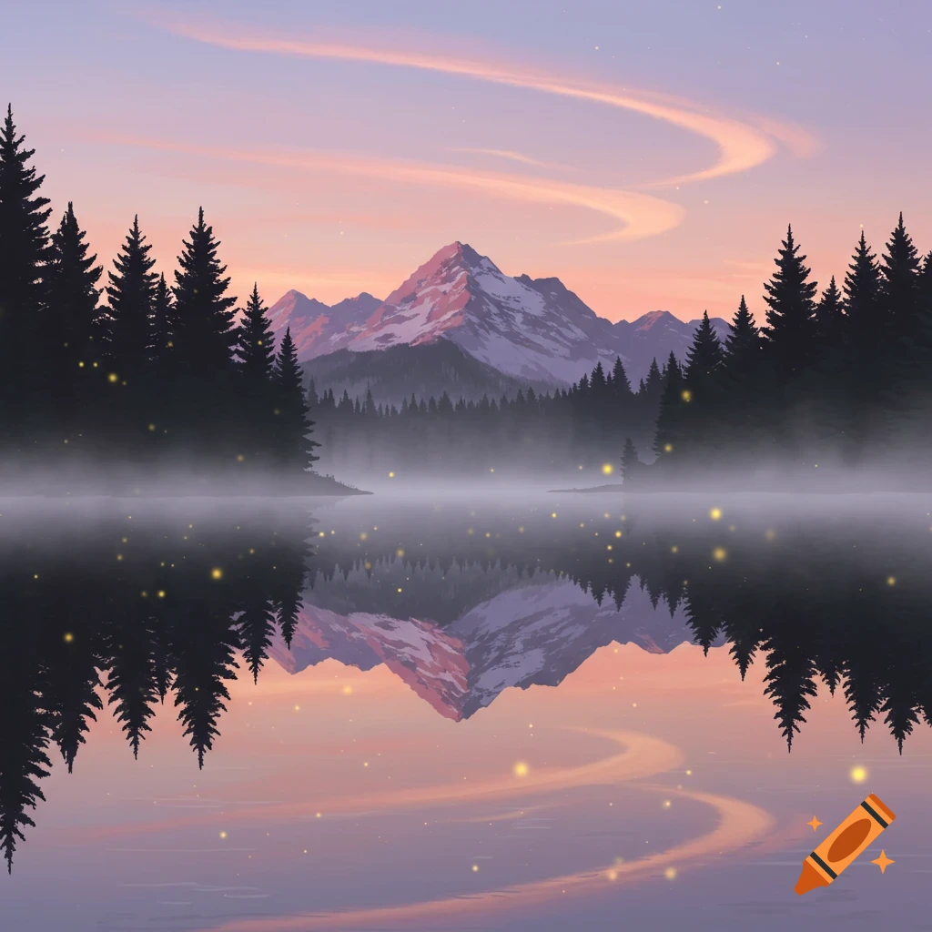 Illustrated serene mountain landscape at dusk with pine trees, a misty lake, and glowing fireflies reflecting a colorful sky.