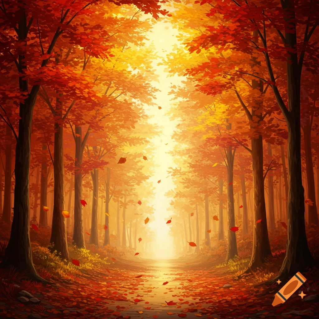 A path winds through a vibrant autumn forest with bright orange and red leaves, and a glowing light ahead.