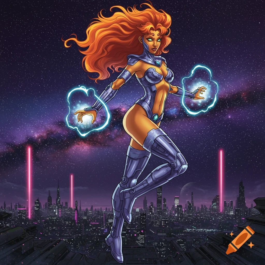 Starfire, an orange-skinned woman with long red hair in a sci-fi suit, hovers above a futuristic city, energy glowing around her hands against a starry galaxy.