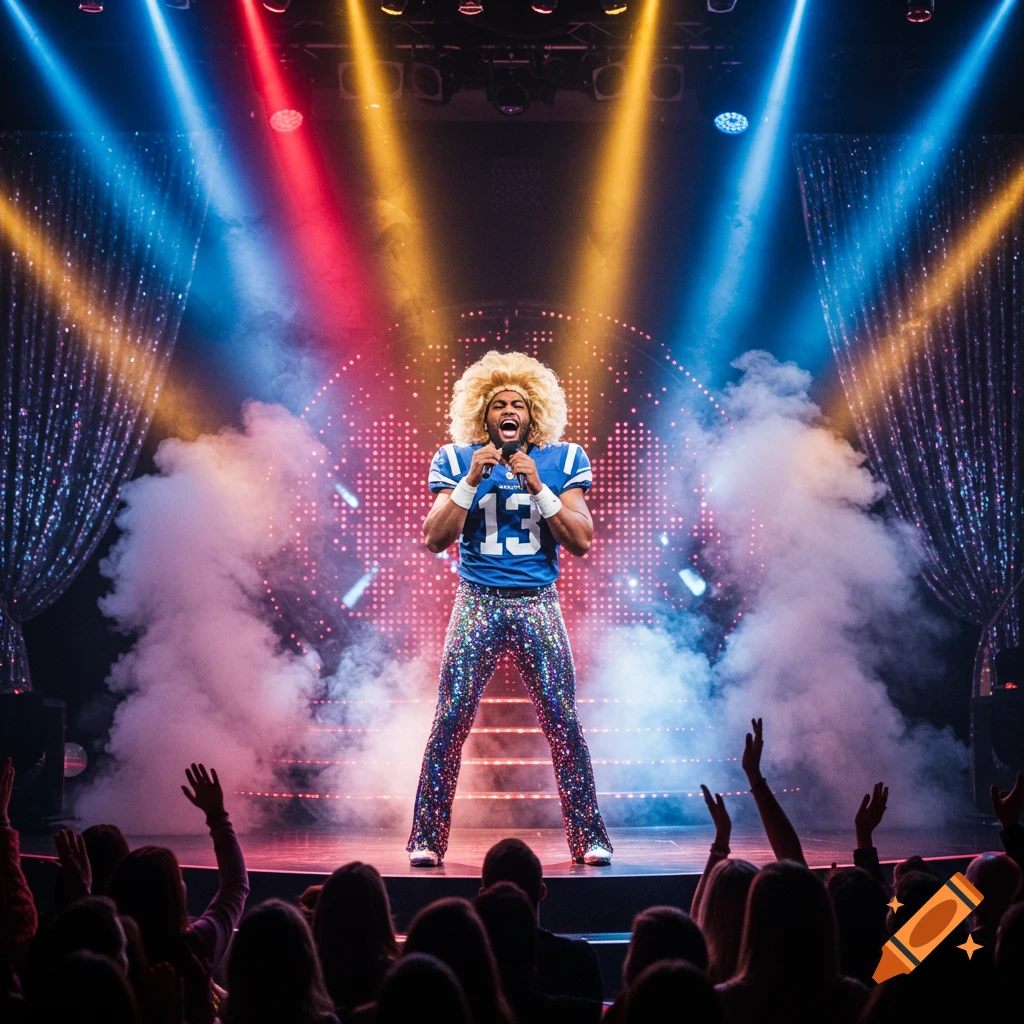 A person in a blonde wig, football jersey, and sparkly pants sings on a smoky stage with colorful spotlights.