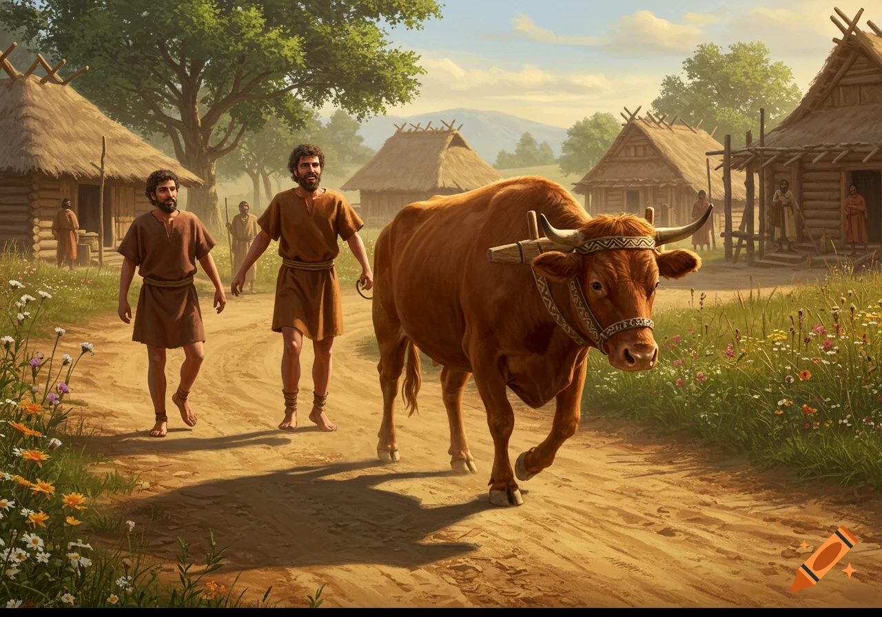 Two bearded men in ancient attire walk an ox down a dirt path through a rural village with thatched huts.