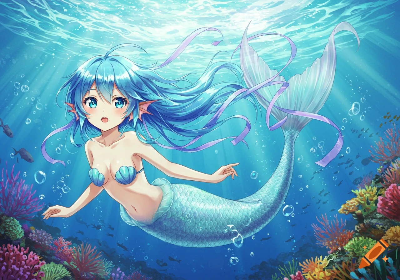 Anime mermaid girl with blue hair and a shimmering tail swims gracefully underwater among colorful coral and small fish.