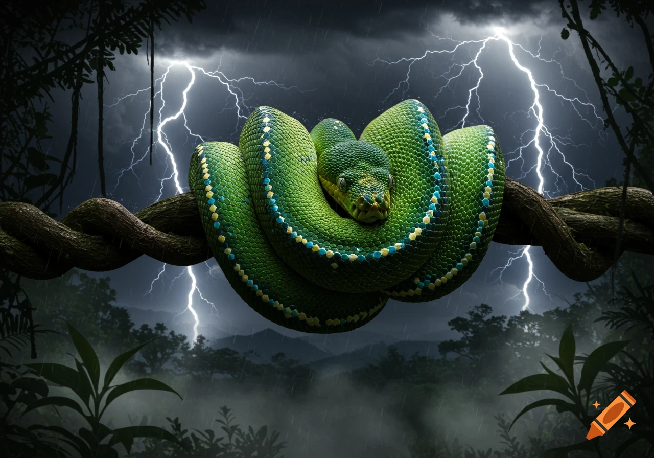 A vibrant green snake with blue and yellow markings coiled around a thick vine in a dark, stormy jungle with lightning and rain. Photorealistic.