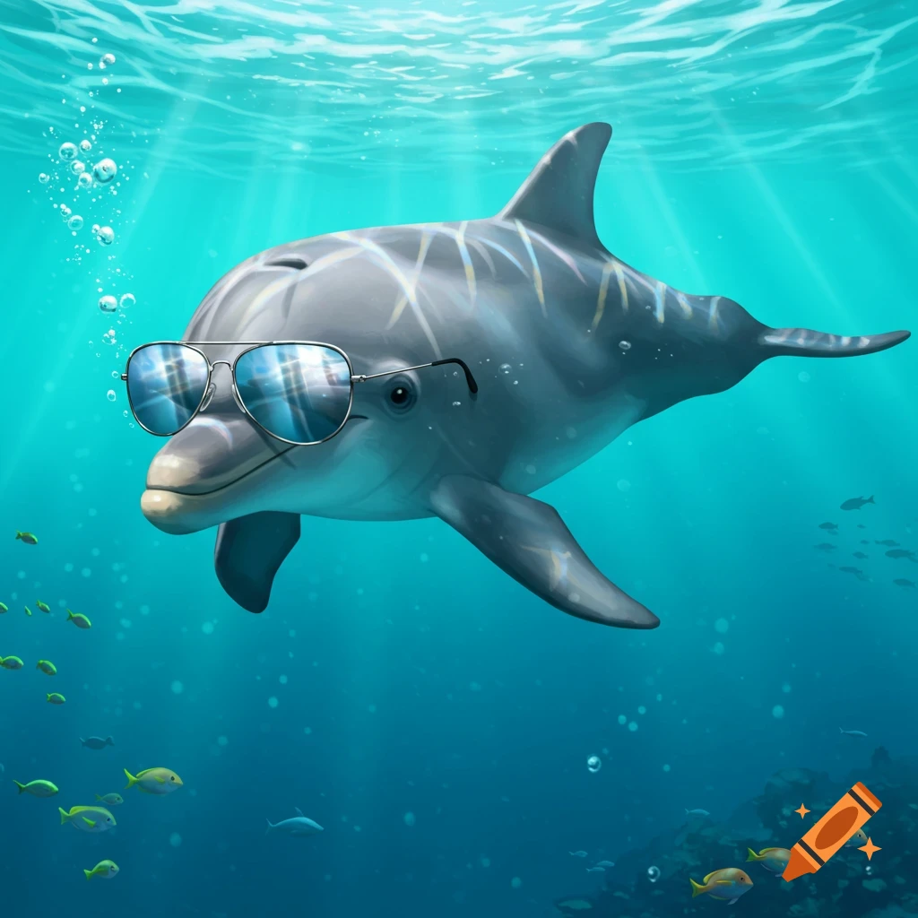 A cool dolphin wearing aviator sunglasses swims underwater with sun rays and small fish in a digital illustration.