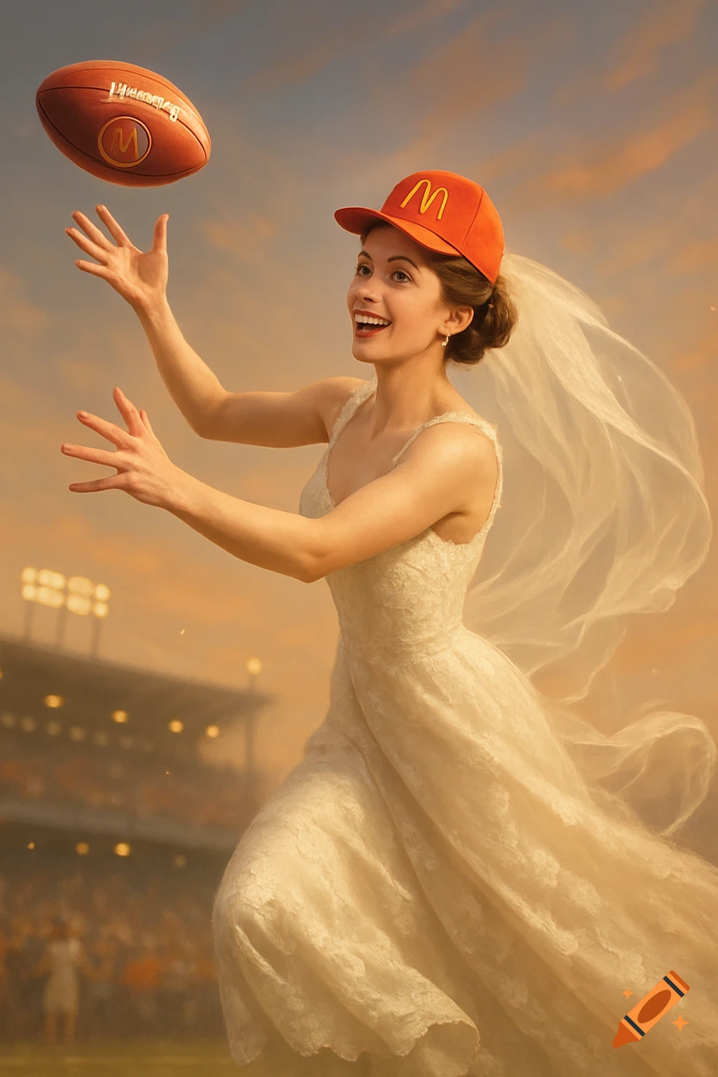 A smiling bride in a white wedding dress and a McDonald's cap catches a football in mid-air at a stadium during sunset, digital art.