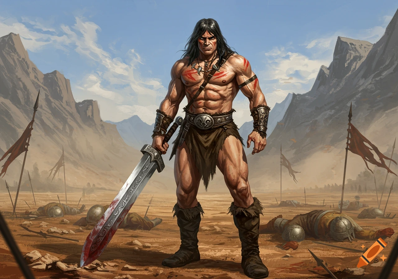 A muscular barbarian with a bloody sword stands on a desert battlefield amidst fallen warriors and mountains, illustrated in a painted style.