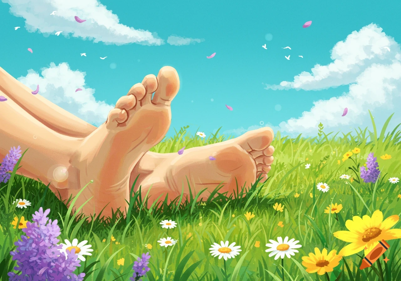 A low-angle illustration of bare feet relaxing in a field of green grass and colorful wildflowers under a bright blue sky.