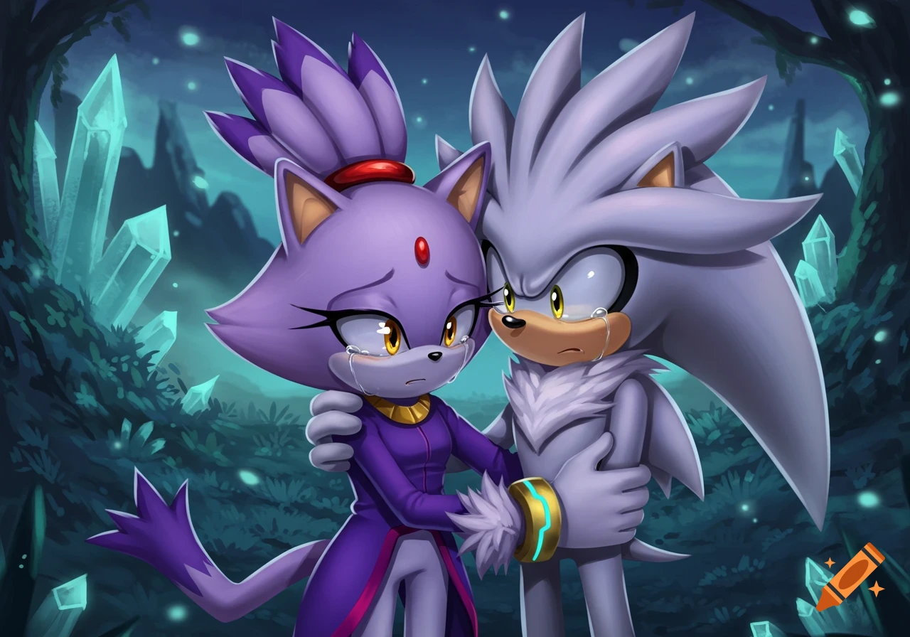 Blaze the Cat crying, embraced by Silver the Hedgehog in a mystical forest with glowing crystals, in an anime art style.