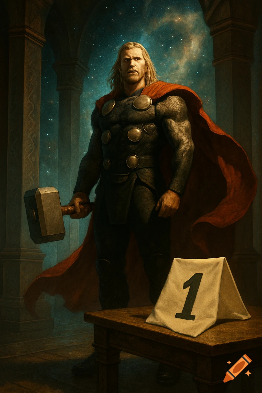 Thor in his armored suit and red cape, holding Mjolnir, stands beside a table with a '1' marker against a starry background.