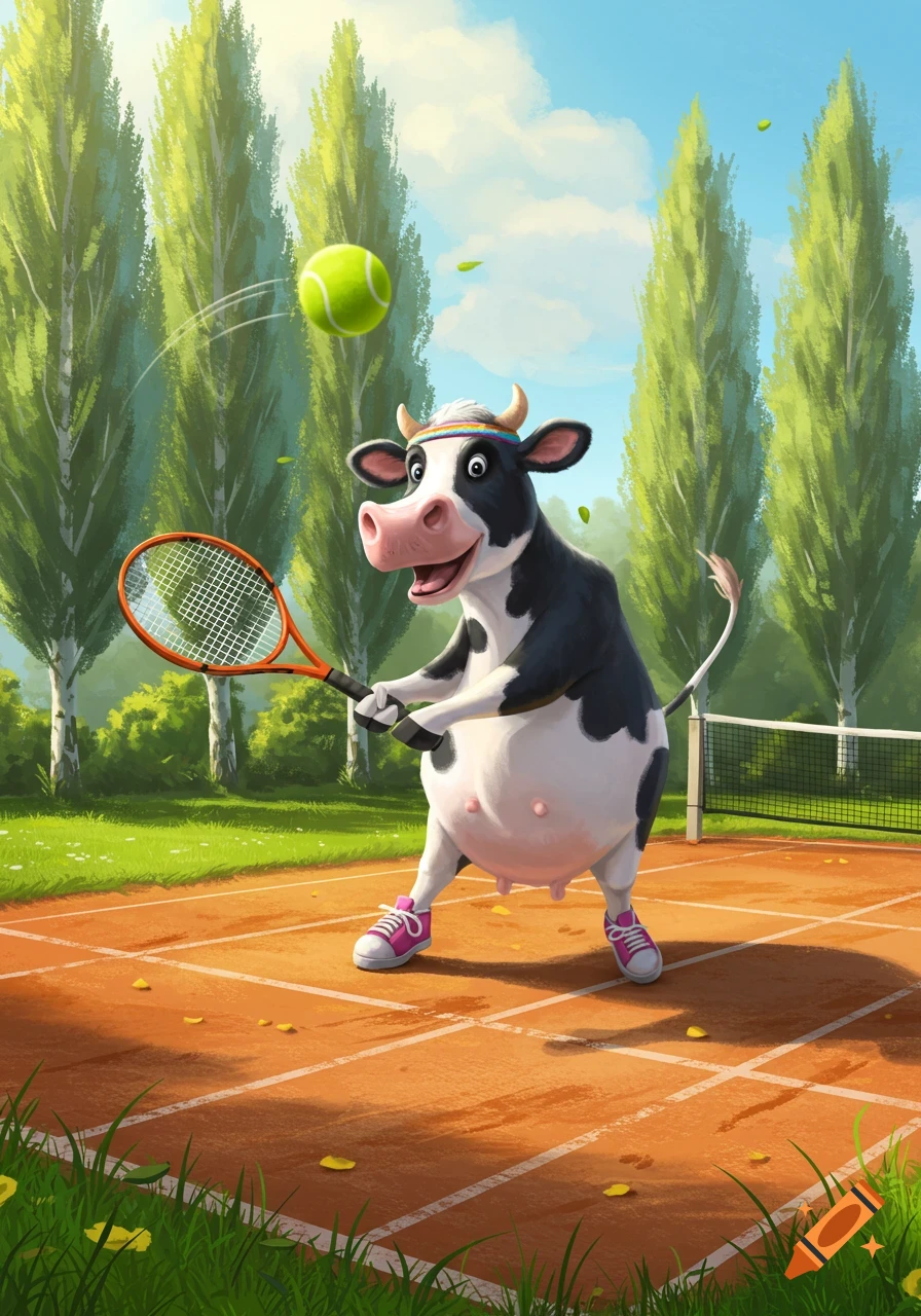 A happy cartoon cow in a headband and sneakers plays tennis on a clay court, hitting a ball with a racket, with tall trees in the background.