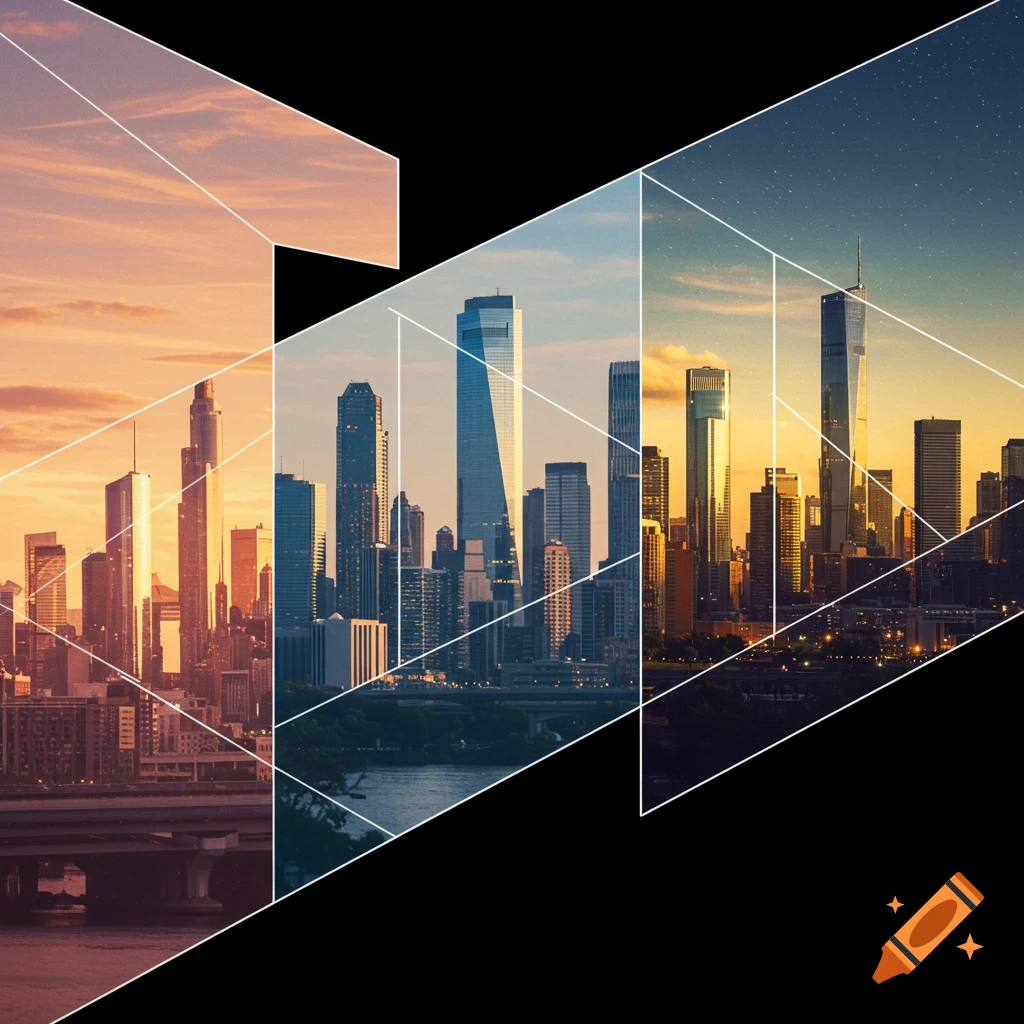 Modern city skyline fragmented into geometric shapes, transitioning from a sunset to a starry night sky.