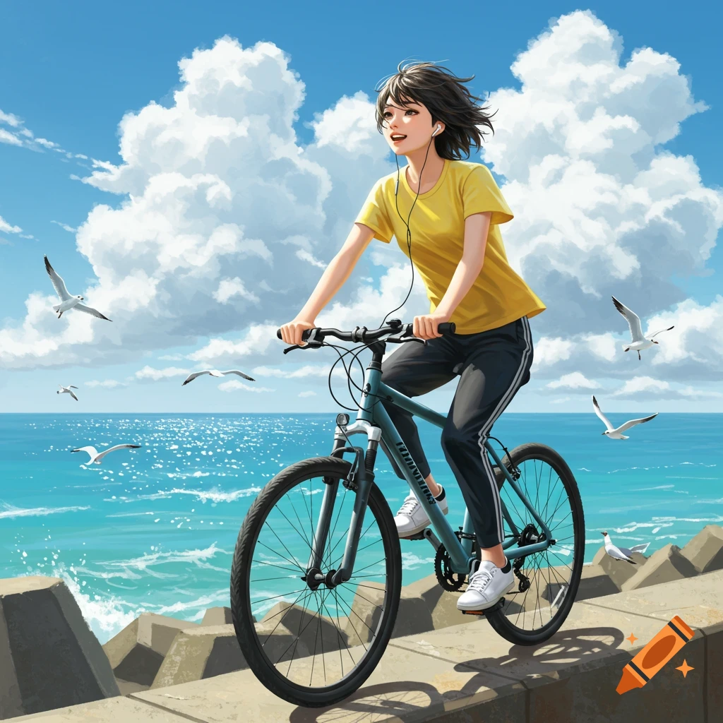 Anime illustration of a smiling woman cycling along a sunny coastline, with seagulls, a blue sky, and white clouds.