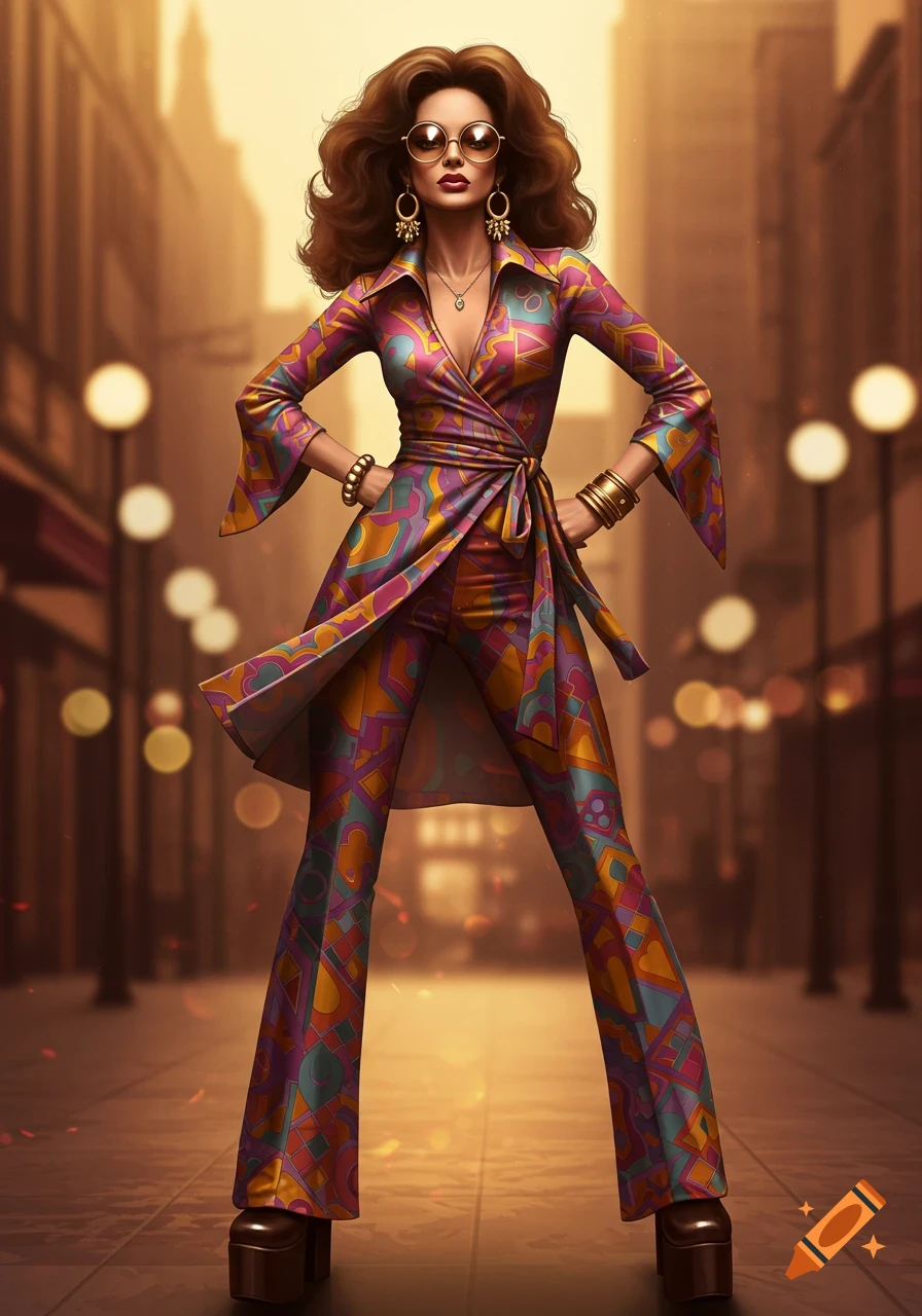 A woman in a vibrant 1970s geometric patterned jumpsuit, oversized sunglasses, and platform shoes stands on a city street.
