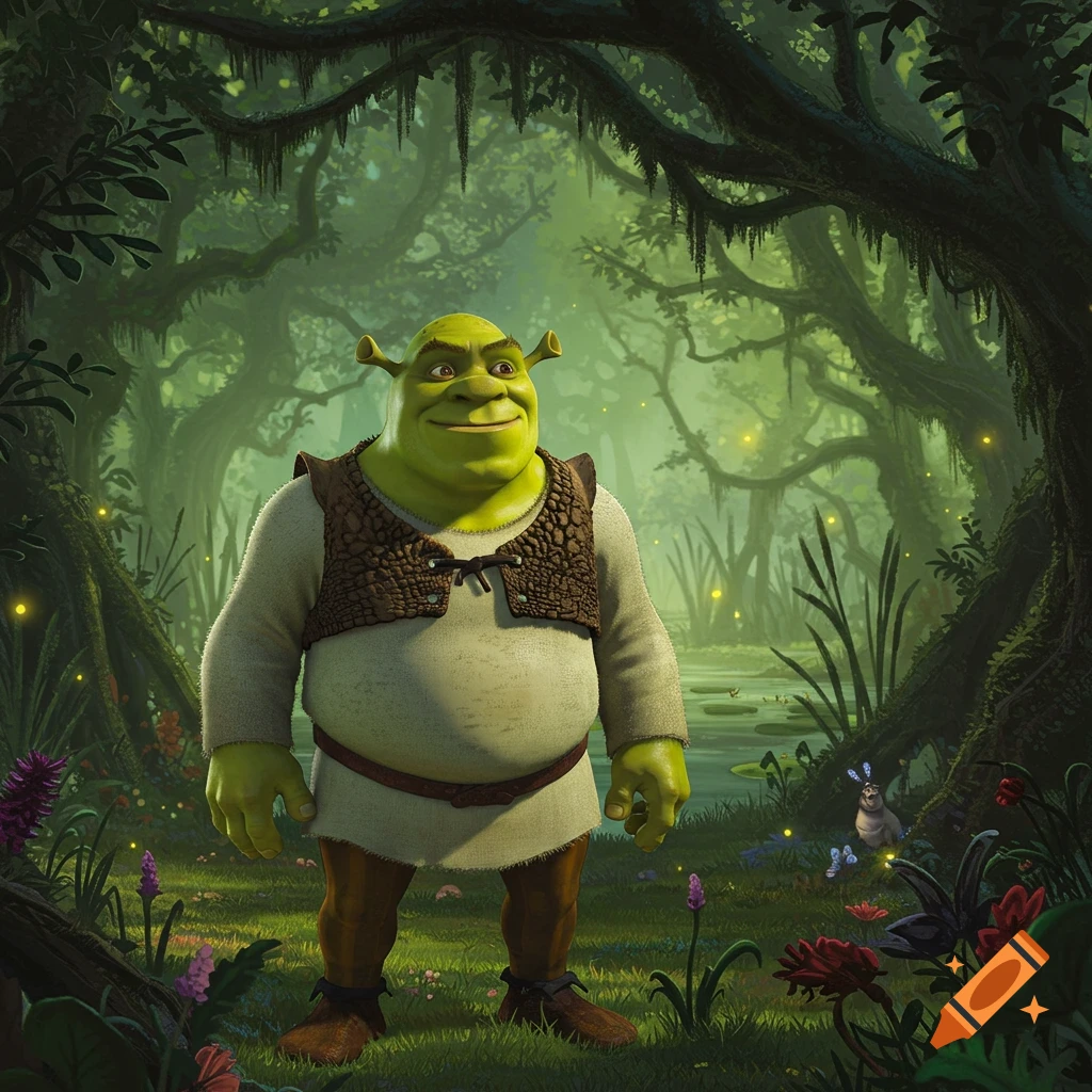 Shrek, the green ogre, stands smiling in a lush, detailed green swamp.