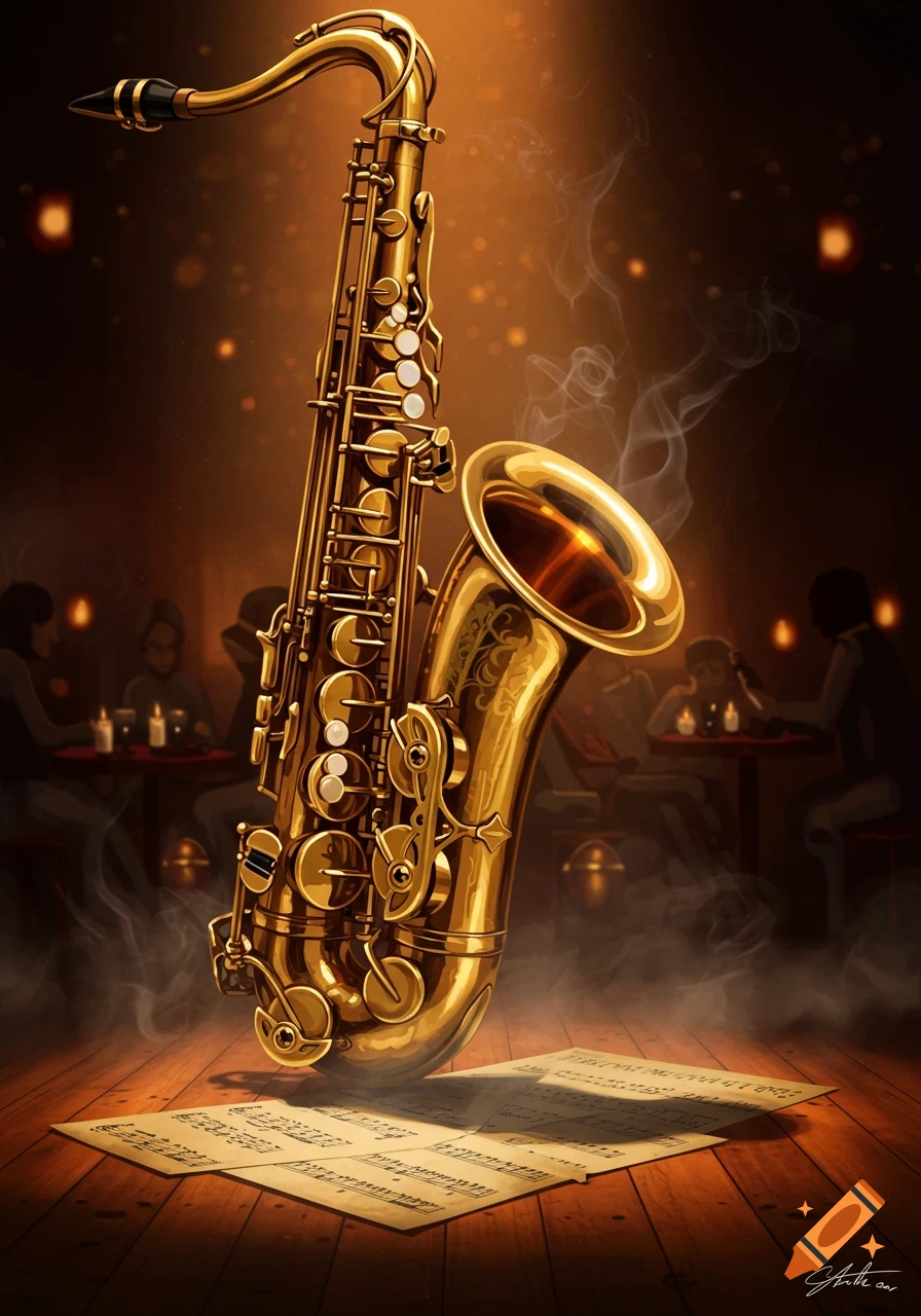 A golden saxophone stands on sheet music on a wooden floor in a dimly lit jazz club, with blurred figures in the background.