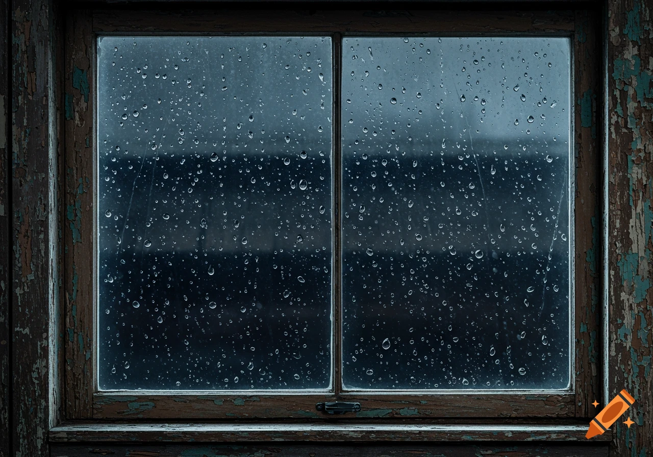 A close-up view of an old, wooden window frame with peeling paint, covered in numerous raindrops, looking out to a blurred dark, stormy background.