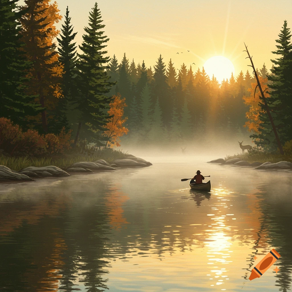 A person in a canoe paddles on a misty river at sunrise, flanked by pine forests and with deer on the banks.