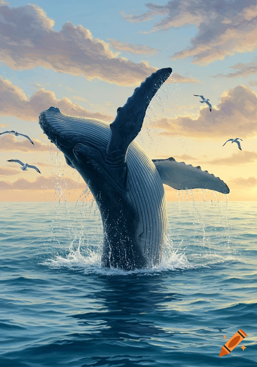 A digital painting of a humpback whale breaching out of the ocean at sunset, with water splashing and seagulls flying.
