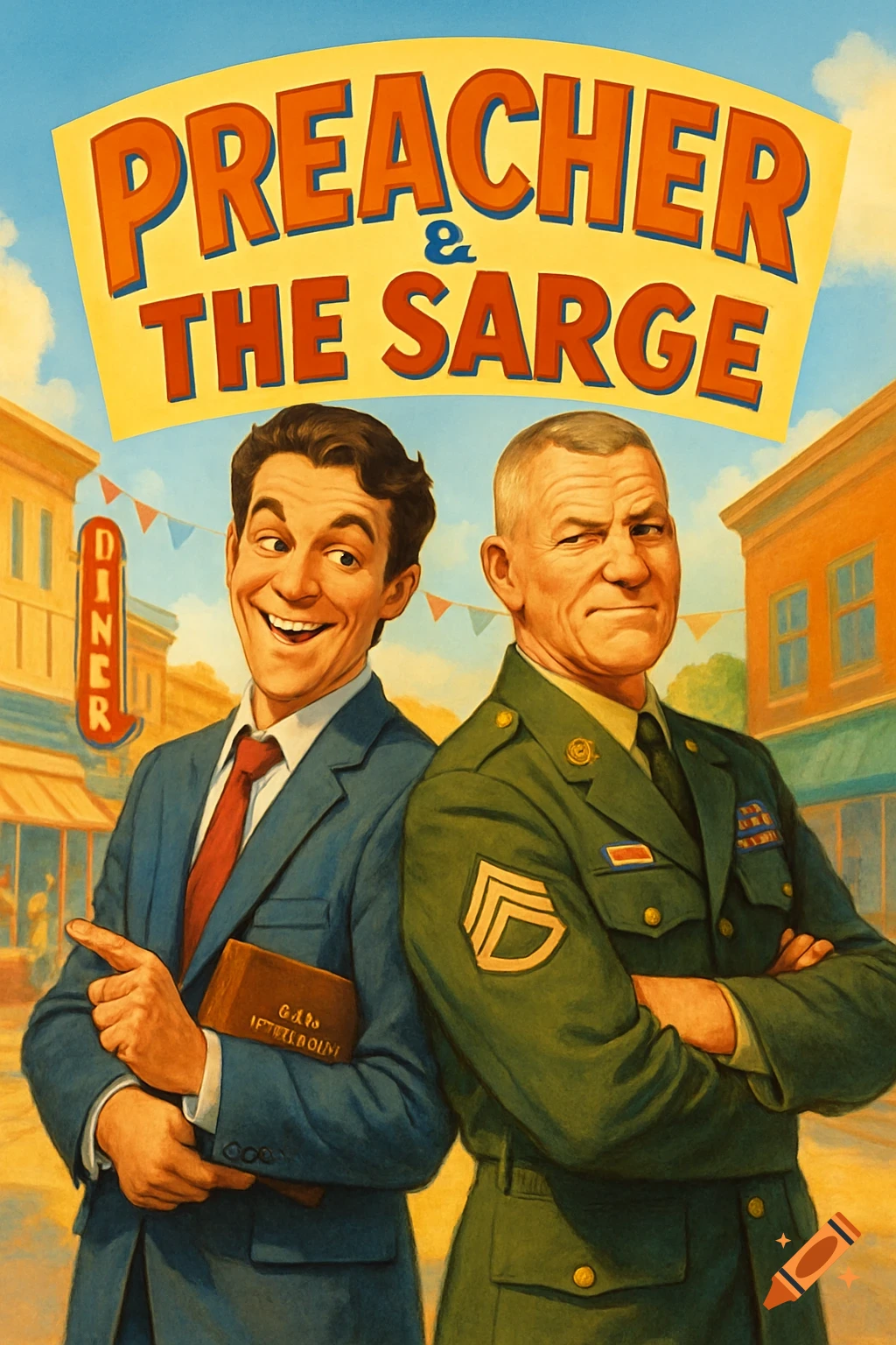 An advertisement poster in a retro-illustration style for a buddy sitcom titled "Preacher & The Sarge". Two men stand back-to-back, one smiling in a suit holding a book, the other winking in a military uniform, in a town square.