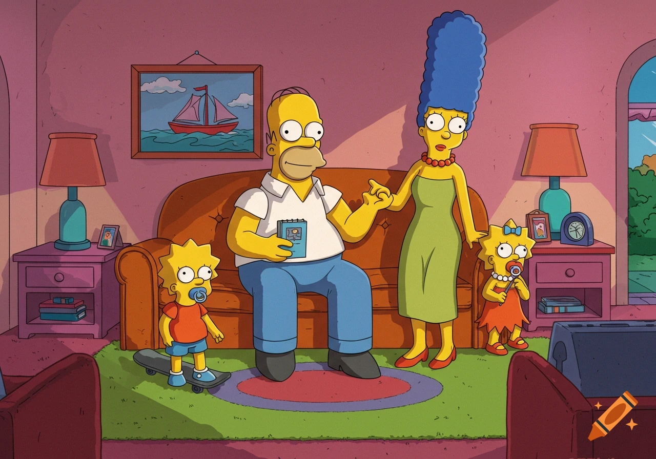 The Simpson family in their living room. Homer sits on a couch, Marge stands, Bart is on a skateboard, Maggie holds a pacifier. Cartoon style.