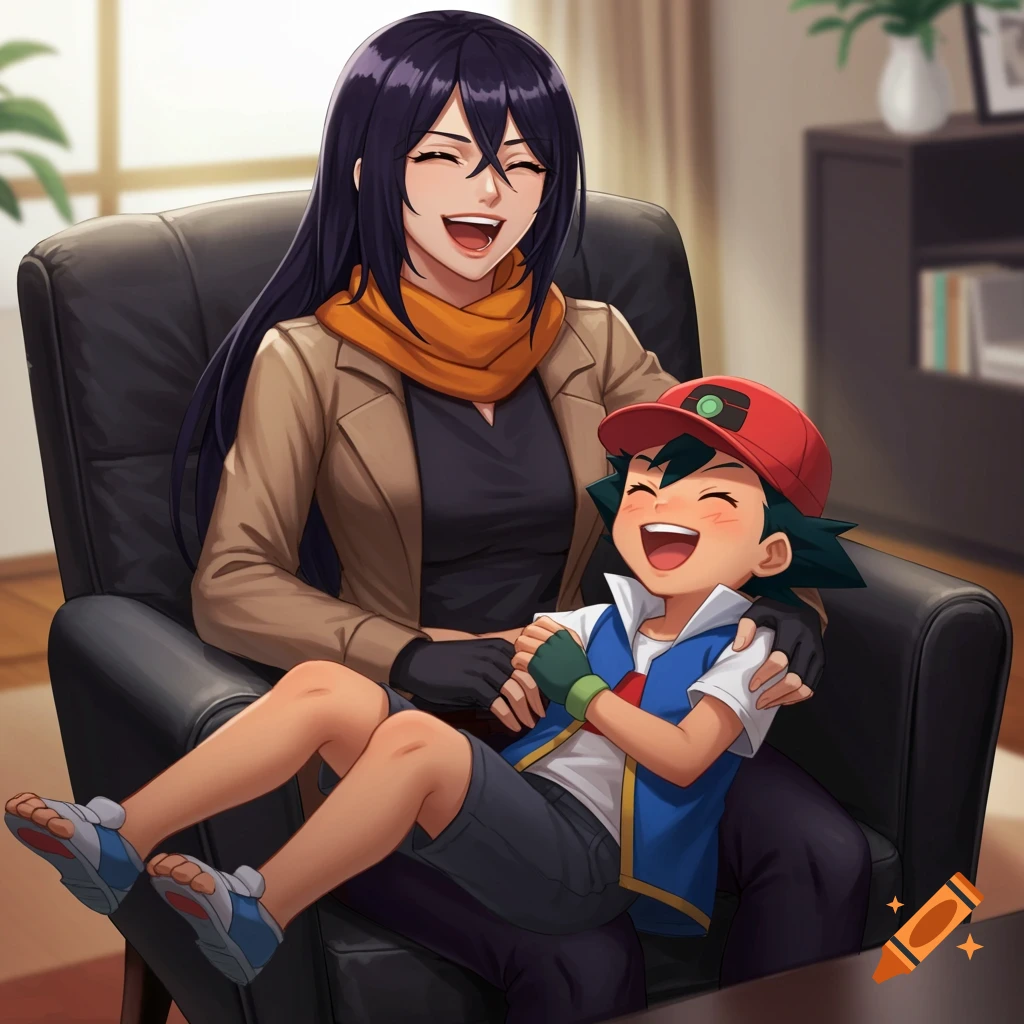 Anime style of Mikasa Ackerman and Ash Ketchum laughing happily while sitting in an armchair.