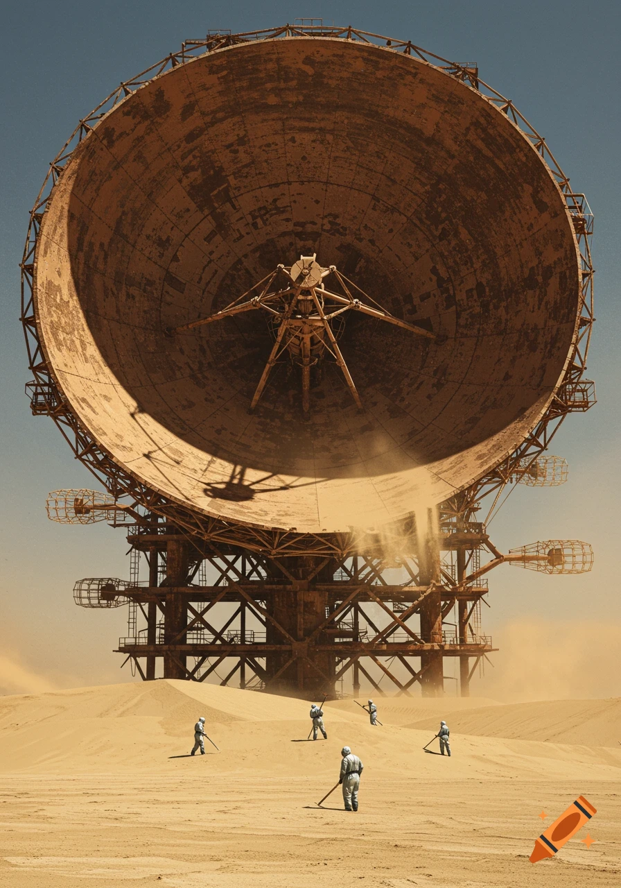 A colossal, rusted radar dish in a vast desert, with several figures in hazmat suits sweeping sand and debris from its base.