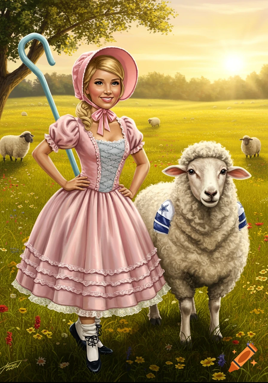 An illustrative portrait of a woman in a pink Little Bo Peep dress, holding a shepherd's crook, standing next to a sheep with Dallas Cowboys armbands in a sunny field.