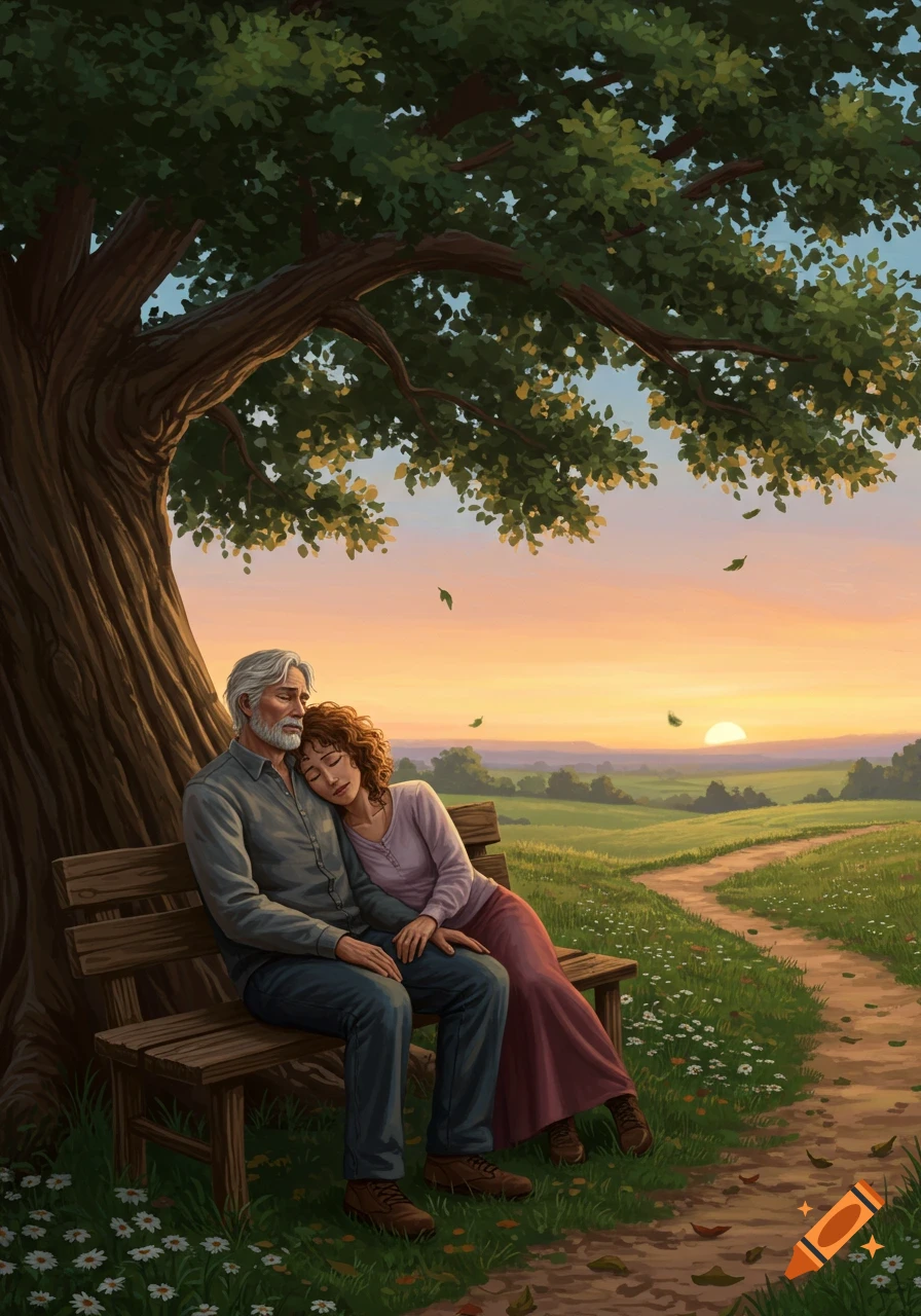 An illustrated older couple embracing on a bench under a large tree at sunset, overlooking a green field with a winding path.