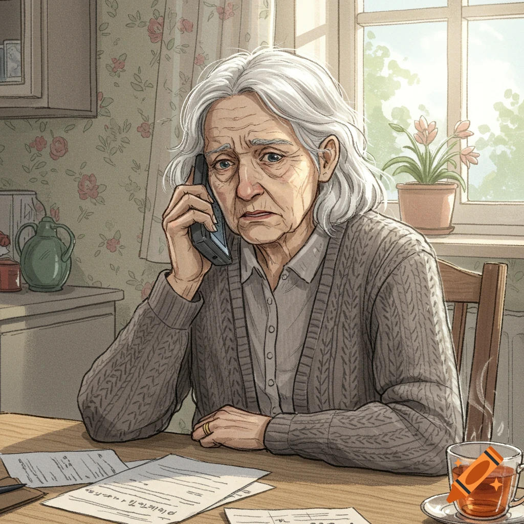 An illustration of a distressed older woman with white hair on a phone call, sitting at a table with papers and a cup of tea.