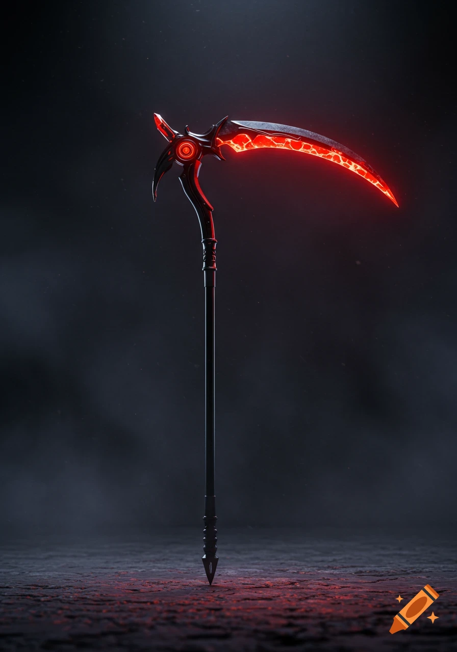 A black scythe with a red glowing crystal blade stands upright on dark, textured ground against a smoky background.