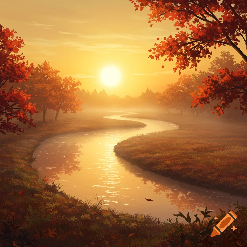 A digital painting of a winding river reflecting the bright orange sunrise, surrounded by misty autumn trees with red and orange leaves.