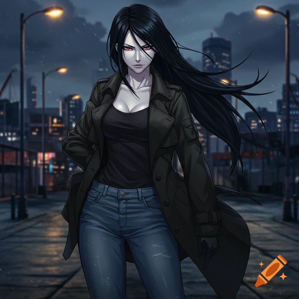 Anime female with long black hair and red eyes in a trench coat and jeans, smirking on a rainy city street at night.