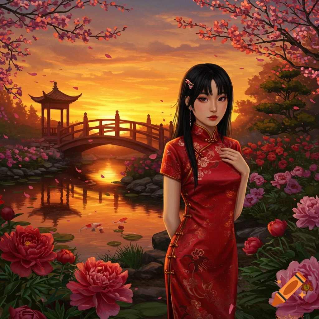 Digital art of an Asian woman in a red cheongsam in a vibrant cherry blossom garden with a pond, bridge, and sunset.