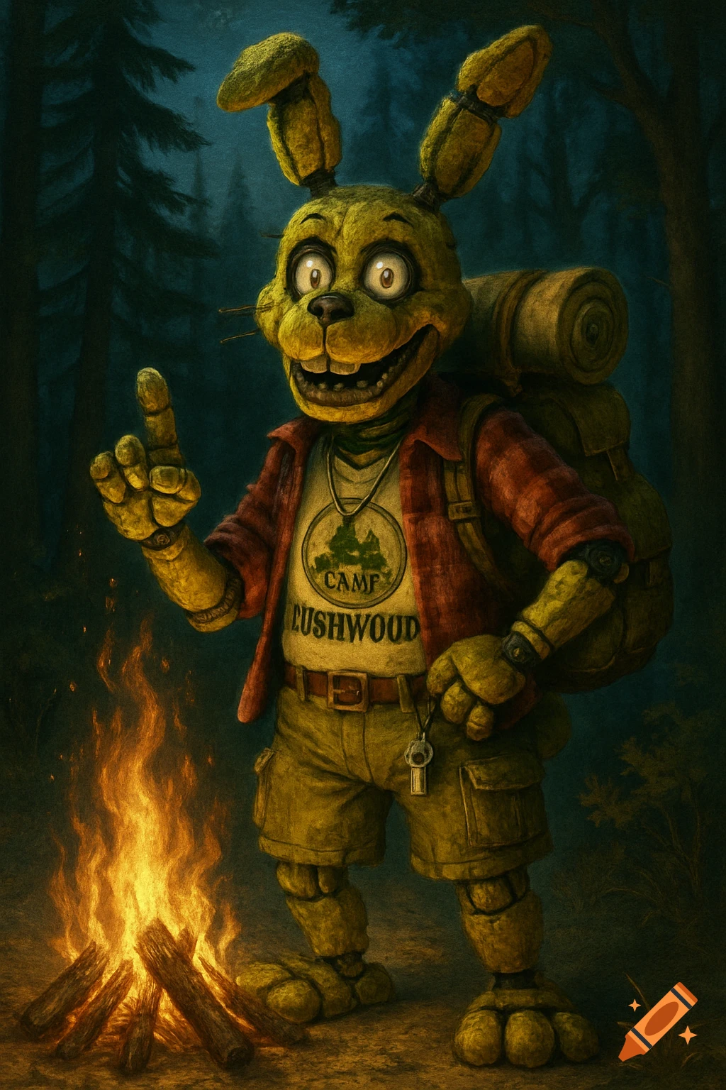 A creepy yellow animatronic rabbit in camping attire, wearing a flannel shirt and cargo shorts, points upwards while standing next to a campfire in a dark forest.