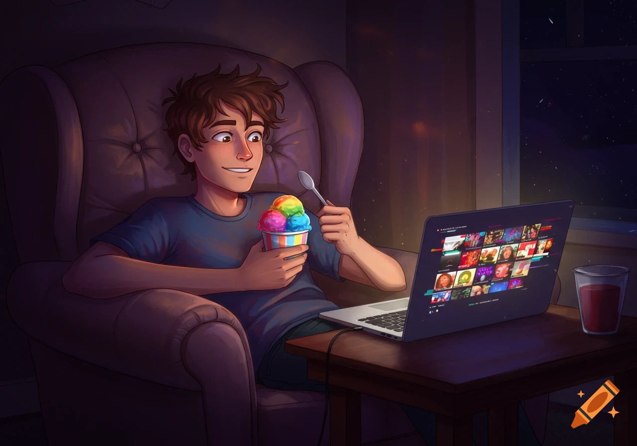 A smiling young man in a cartoon style sits in an armchair at night, eating rainbow sherbet and watching YouTube on a laptop.