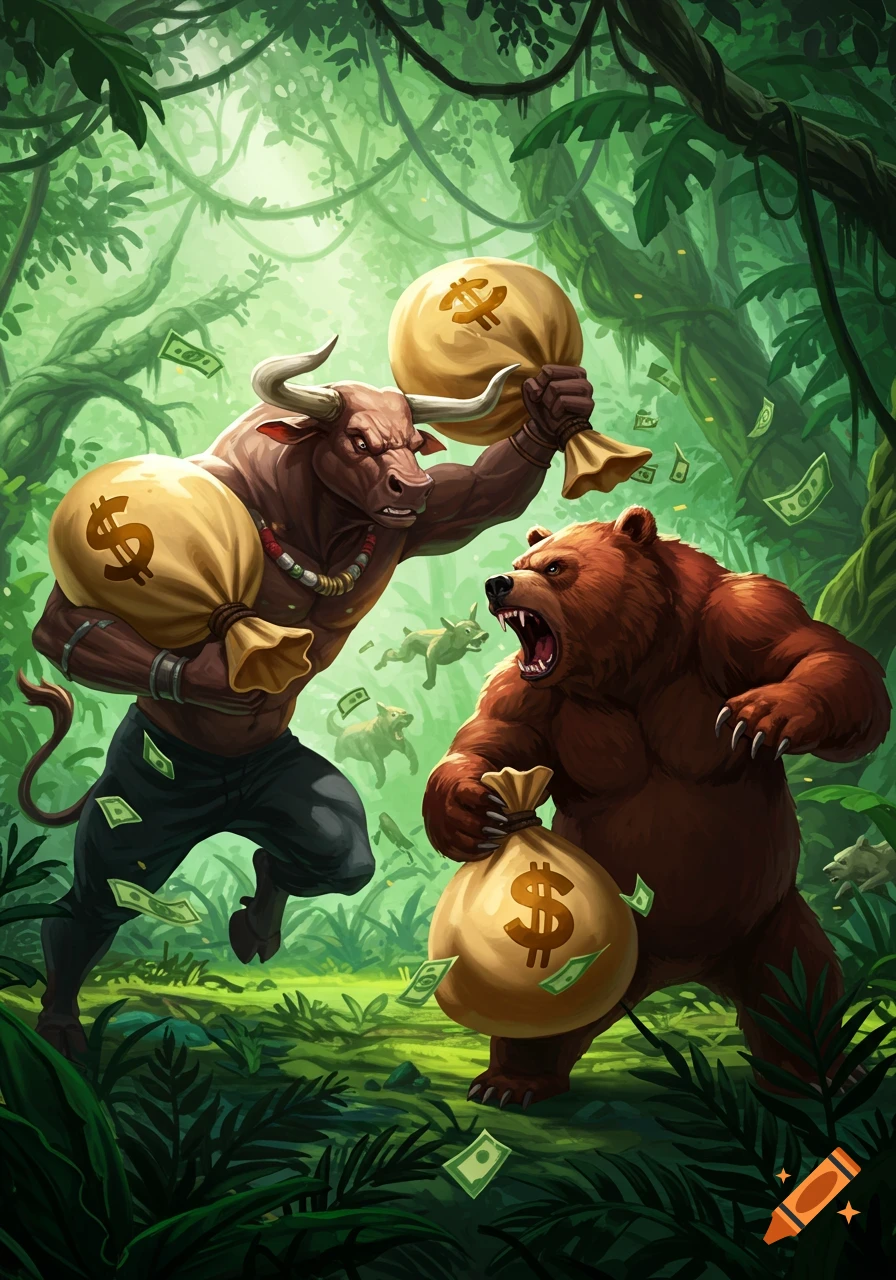 Muscular anthropomorphic bull and bear fighting in a lush jungle, clutching bags of money, with bills flying around. Stylized illustration.