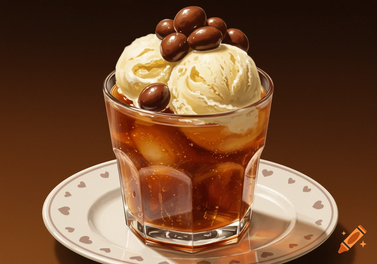 A glass of ice tea with two scoops of vanilla ice cream and several chocolate-covered almonds on top, sitting on a white plate with heart patterns.