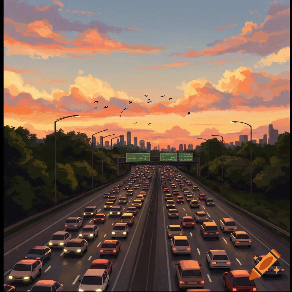 Illustration of a busy multi-lane highway with cars stuck in traffic, leading to a distant city skyline under a vibrant orange and pink sunset sky.