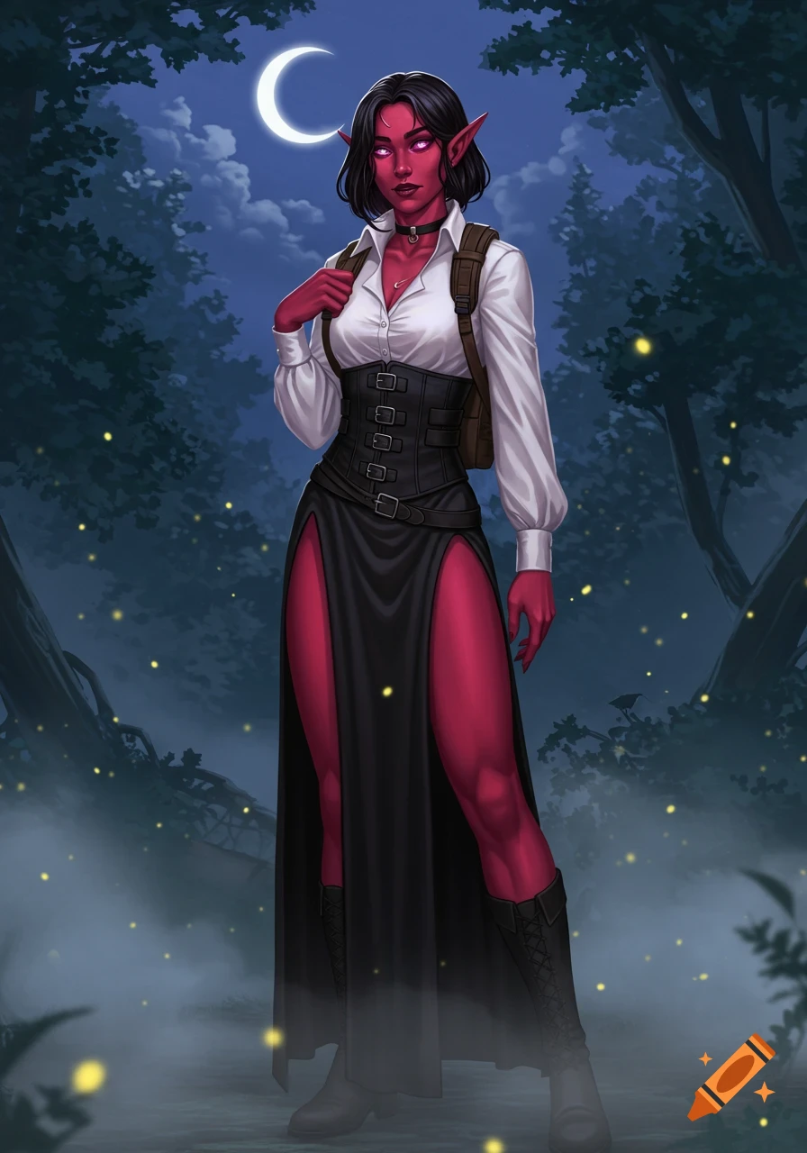 A red-skinned female elf in a white blouse, black corset, and high-slit dress stands under a crescent moon in a forest with fireflies. Fantasy art.
