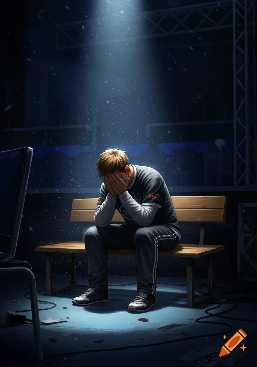 A man sits alone on a wooden bench in a dimly lit, empty arena, with his face buried in his hands under a single spotlight, appearing distressed.
